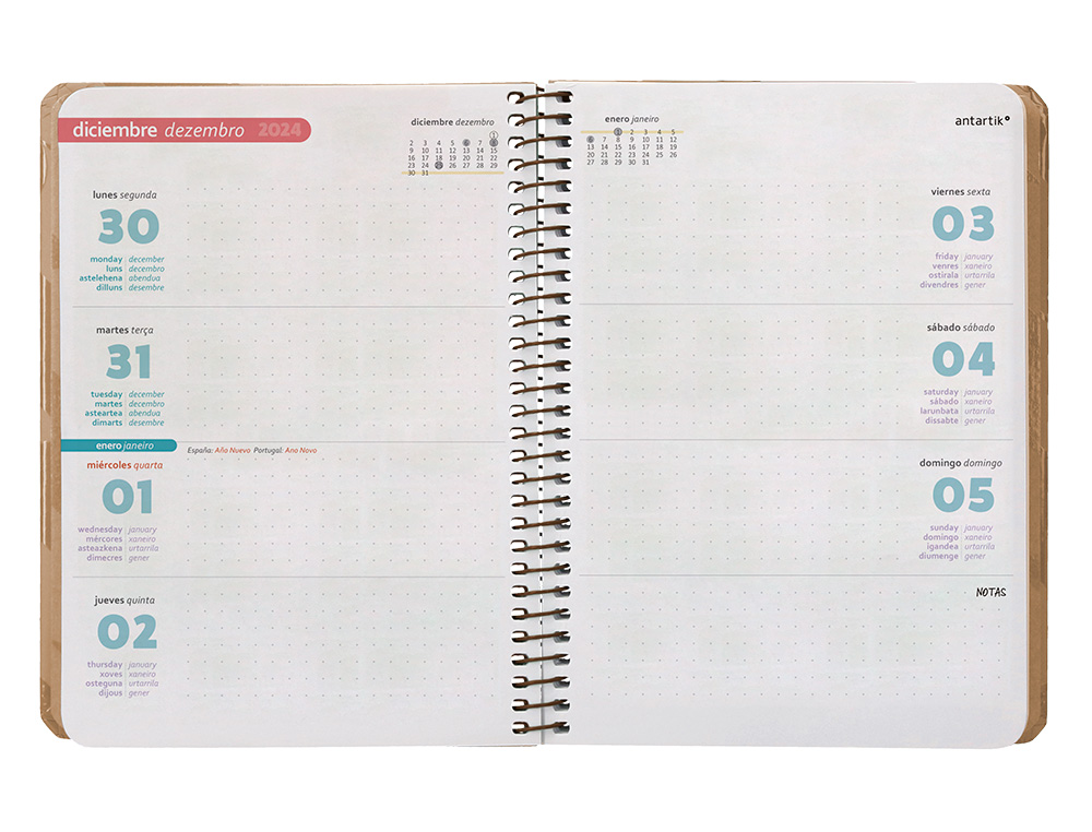 AGENDA ESPIRAL ANTARTIK PATTERN A6+ 2025 SEMANA VISTA COLOR ROSA NUDE PAPEL 80GR