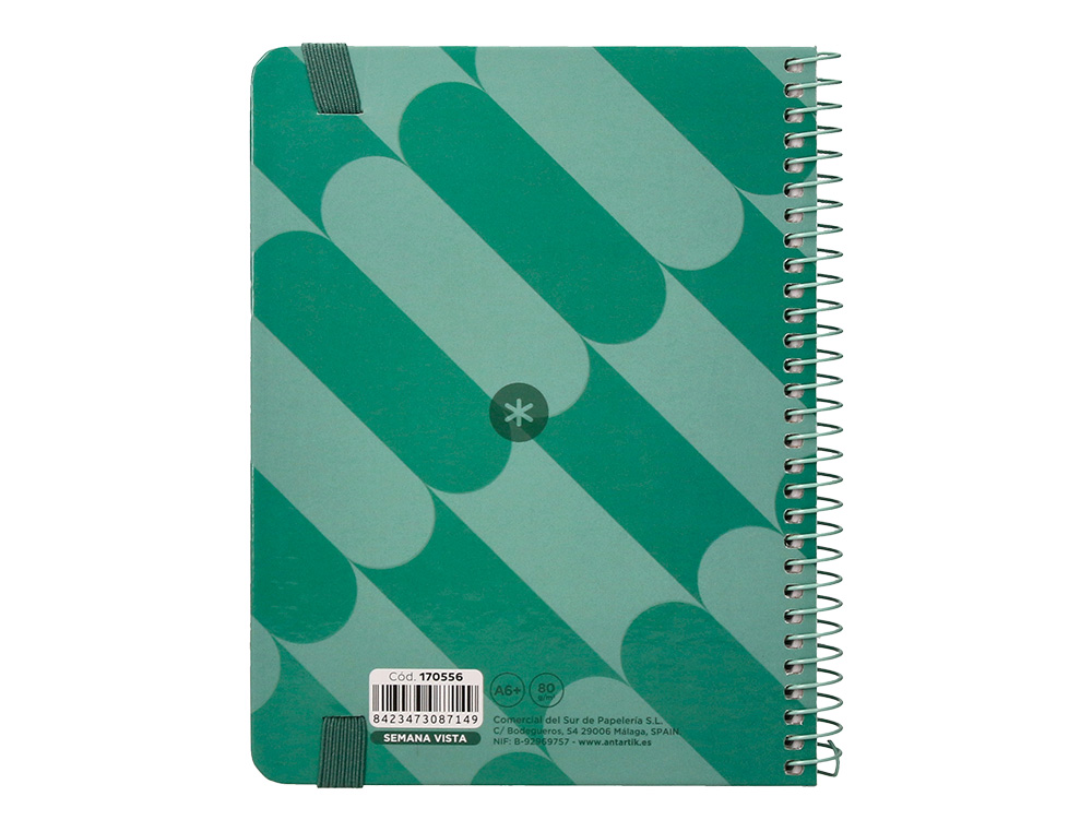 AGENDA ESPIRAL ANTARTIK PATTERN A6+ 2025 SEMANA VISTA COLOR VERDE PAPEL 80 GR