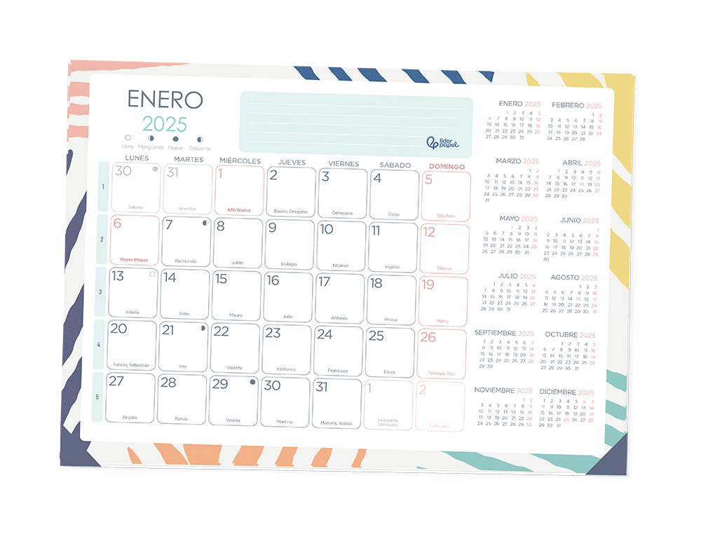 PLANNING MENSUAL LIDERPAPEL JOVEN 2025 44X32 CM CON PEGATINAS LOMO ENGOMADO PAPEL 128 GR