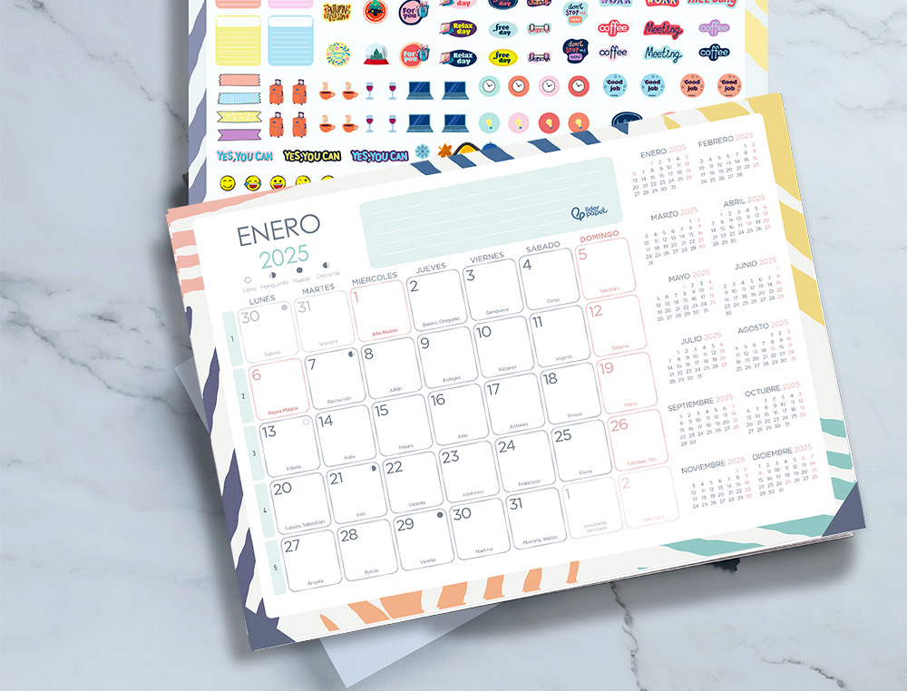 PLANNING MENSUAL LIDERPAPEL JOVEN 2025 44X32 CM CON PEGATINAS LOMO ENGOMADO PAPEL 128 GR