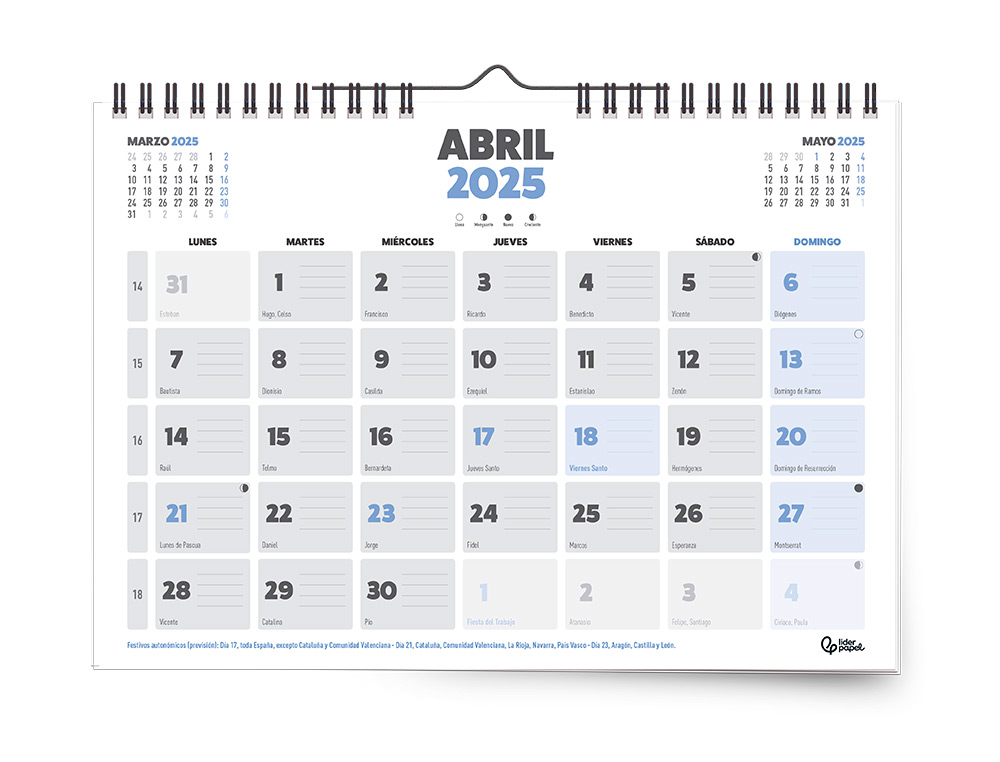 CALENDARIO PARED LIDERPAPEL CLASICO 2025 ESPIRAL 44X32 CM PAPEL 128 GR