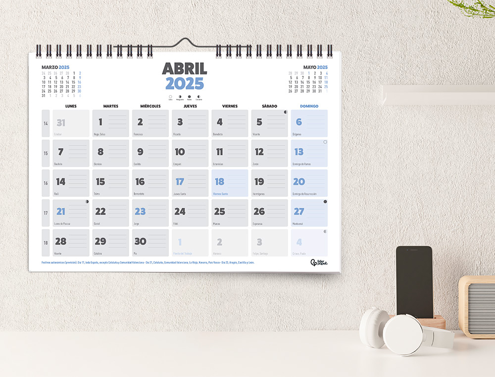 CALENDARIO PARED LIDERPAPEL CLASICO 2025 ESPIRAL 44X32 CM PAPEL 128 GR