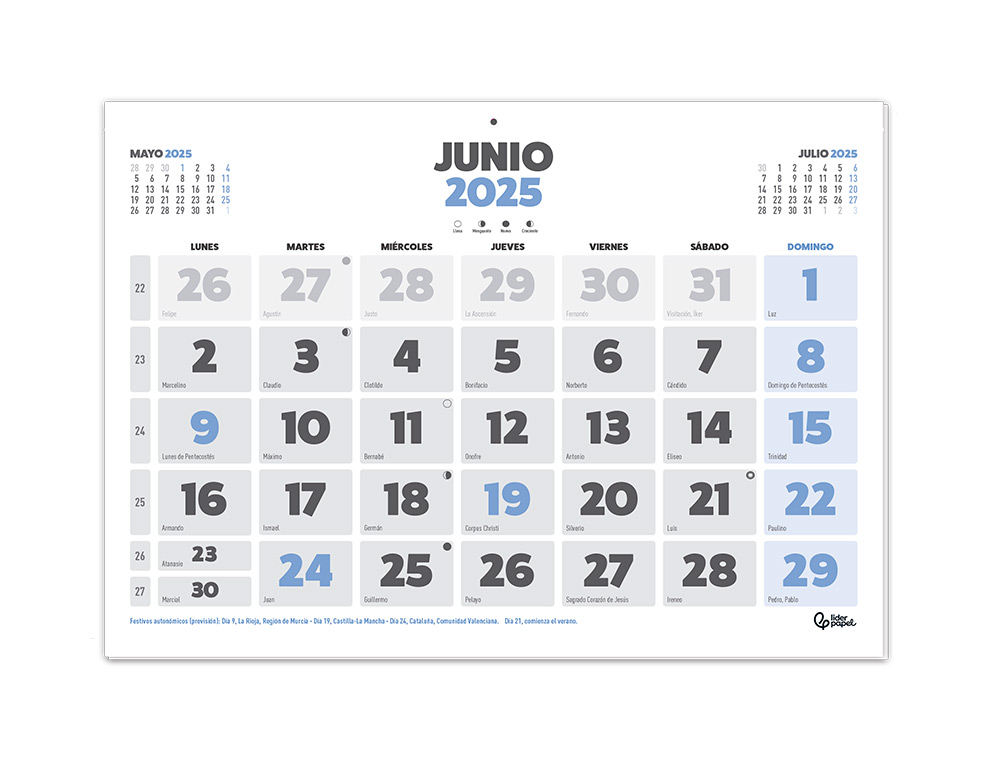 CALENDARIO PARED LIDERPAPEL CLASICO 2025 LOMO ENGOMADO 30X30 CM PAPEL 105 GR