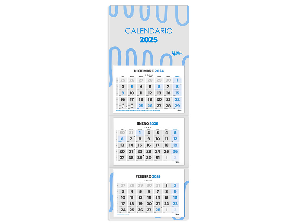 CALENDARIO PARED LIDERPAPEL 3 MESES VISTAS 2025 PLEGABLE 33X70 CM PAPEL 90 GR