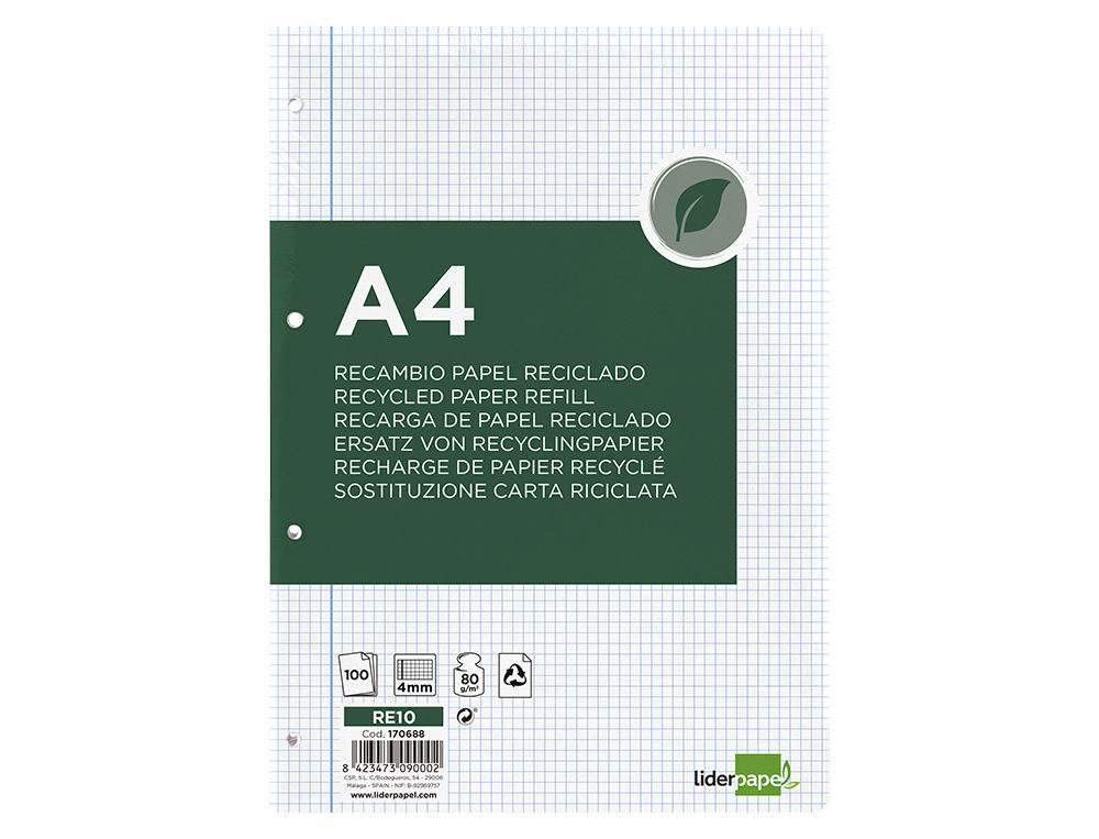RECAMBIO LIDERPAPEL A4 100 HOJAS PAPEL RECICLADO 100% 80G/M2 CUADRO 4MM CON MARGEN 4 TALADROS