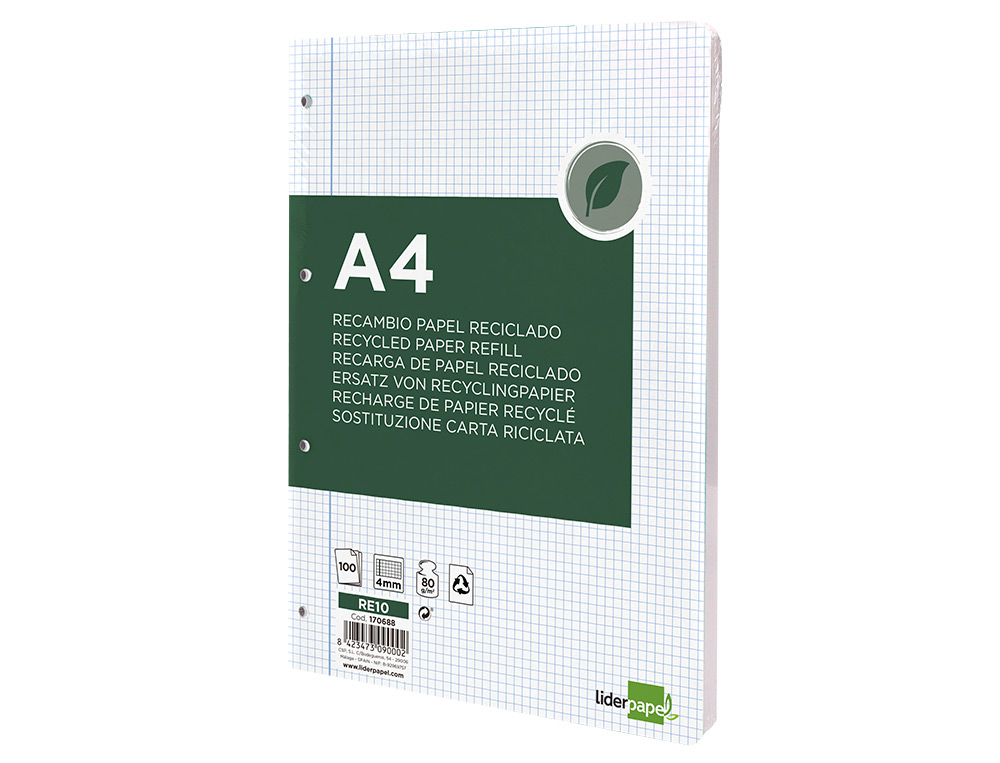 RECAMBIO LIDERPAPEL A4 100 HOJAS PAPEL RECICLADO 100% 80G/M2 CUADRO 4MM CON MARGEN 4 TALADROS