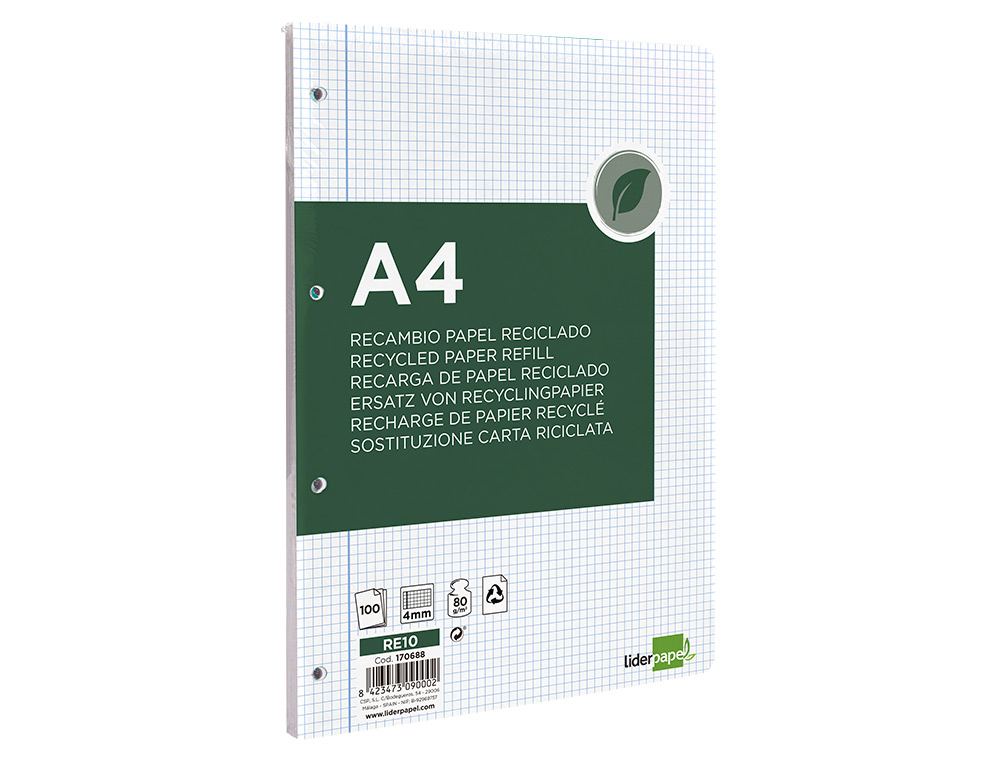 RECAMBIO LIDERPAPEL A4 100 HOJAS PAPEL RECICLADO 100% 80G/M2 CUADRO 4MM CON MARGEN 4 TALADROS