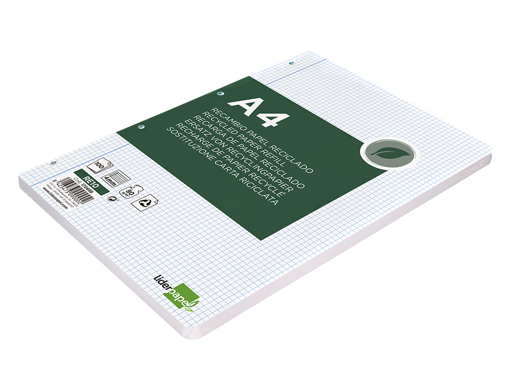 RECAMBIO LIDERPAPEL A4 100 HOJAS PAPEL RECICLADO 100% 80G/M2 CUADRO 4MM CON MARGEN 4 TALADROS