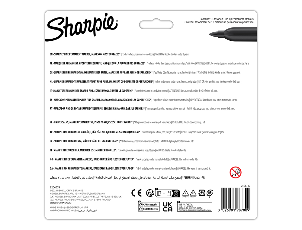 ROTULADOR SHARPIE PERMANENTE FINO GLAM POP BLISTER DE 12 UNIDADES COLORES SURTIDOS