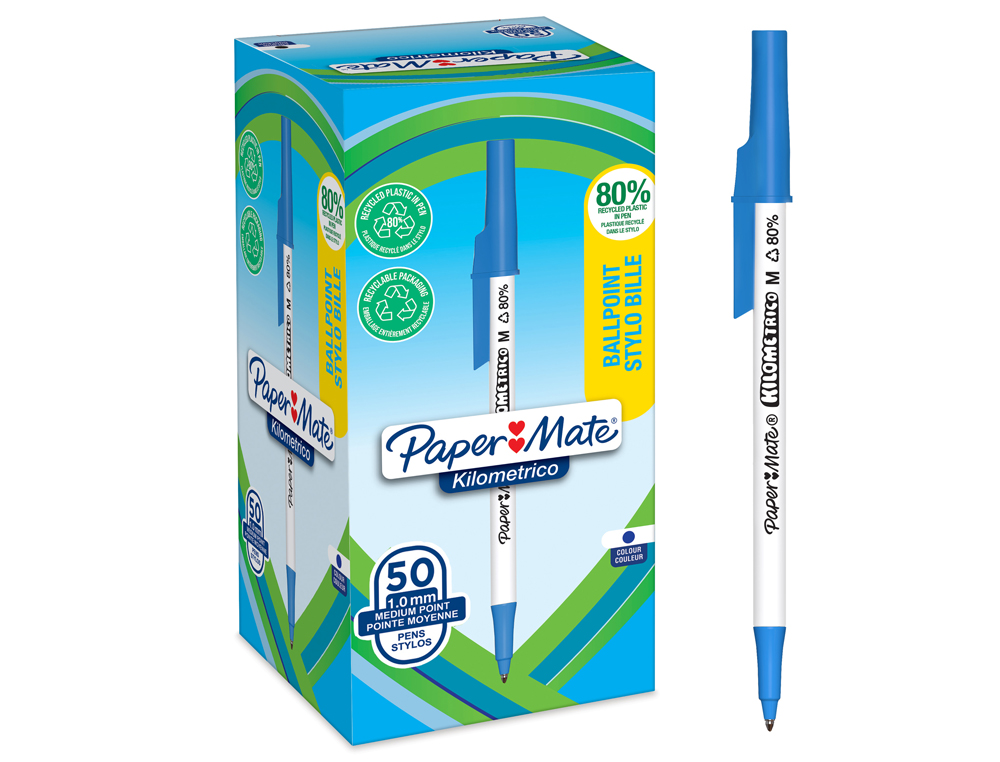 BOLIGRAFO PAPER MATE KILOMETRICO PUNTA 1 MM PLASTICO RECICLADO 80% COLOR AZUL