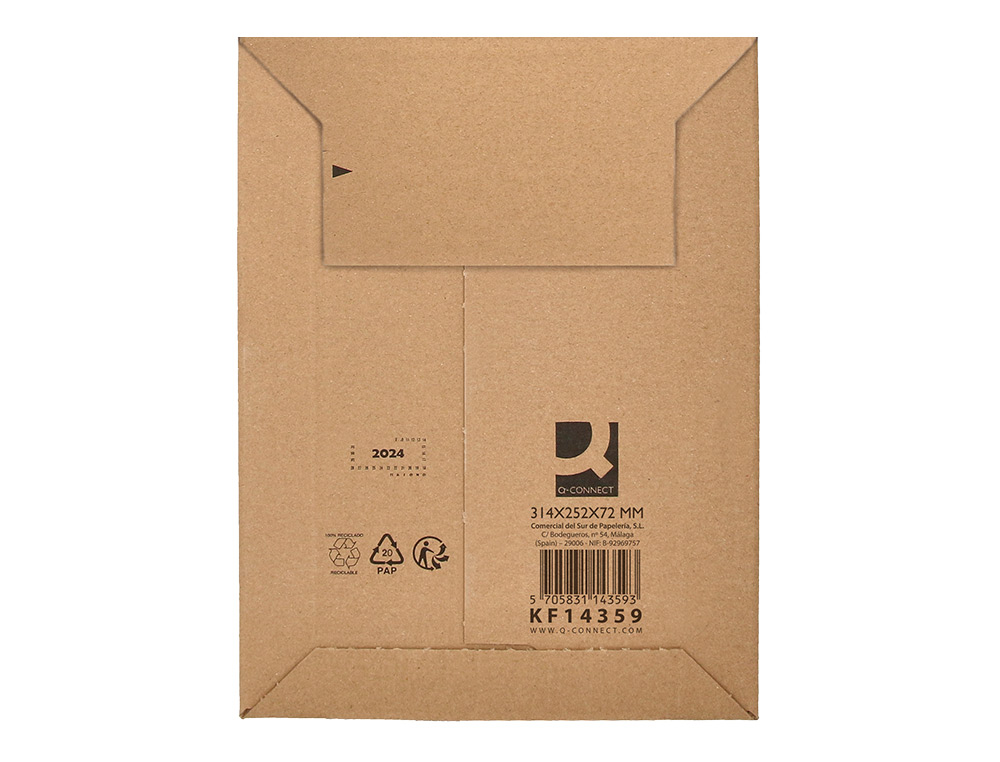 SOBRE PARA ENVIOS Q-CONNECT CARTON 100% RECICLADO Y RECICLABLE CIERRE AUTOADHESIVO314X252X72 MM COLOR KRAFT