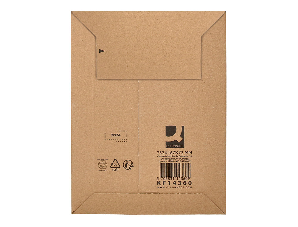 SOBRE PARA ENVIOS Q-CONNECT CARTON 100% RECICLADO Y RECICLABLE CIERRE AUTOADHESIVO252X167X72 MM COLOR KRAFT