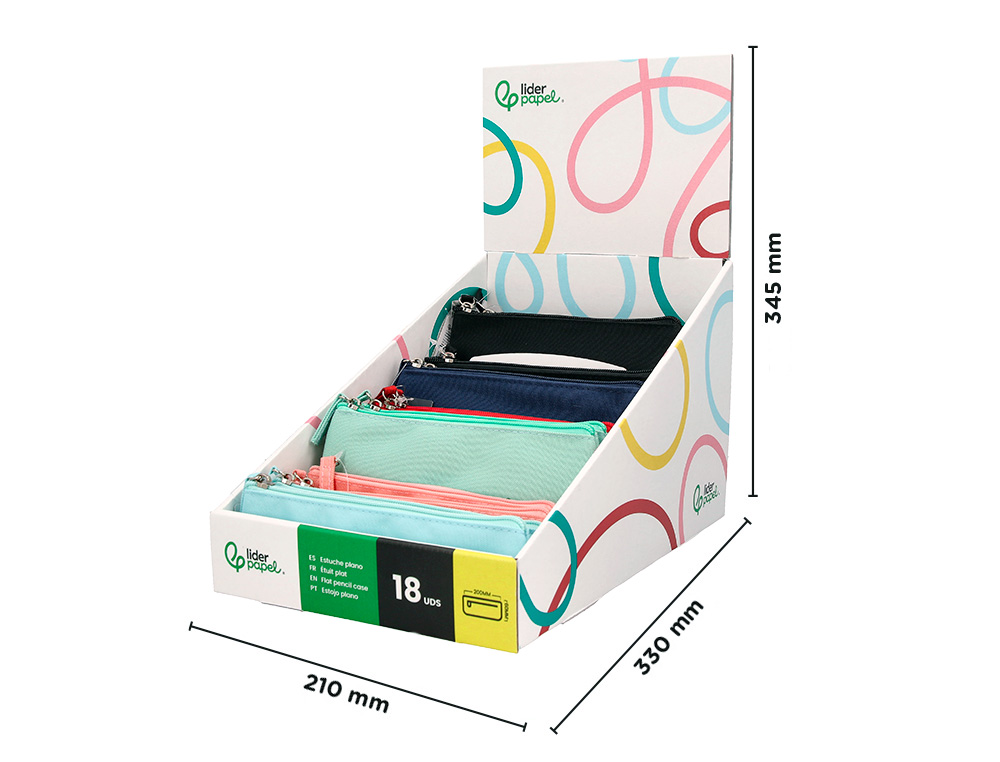 ESTUCHE PORTATODO LIDERPAPEL PLANO ESTRECHO UNA CREMALLERA 200X60 MM EXPOSITOR DE 18 UNIDADES COLORES SURTIDOS