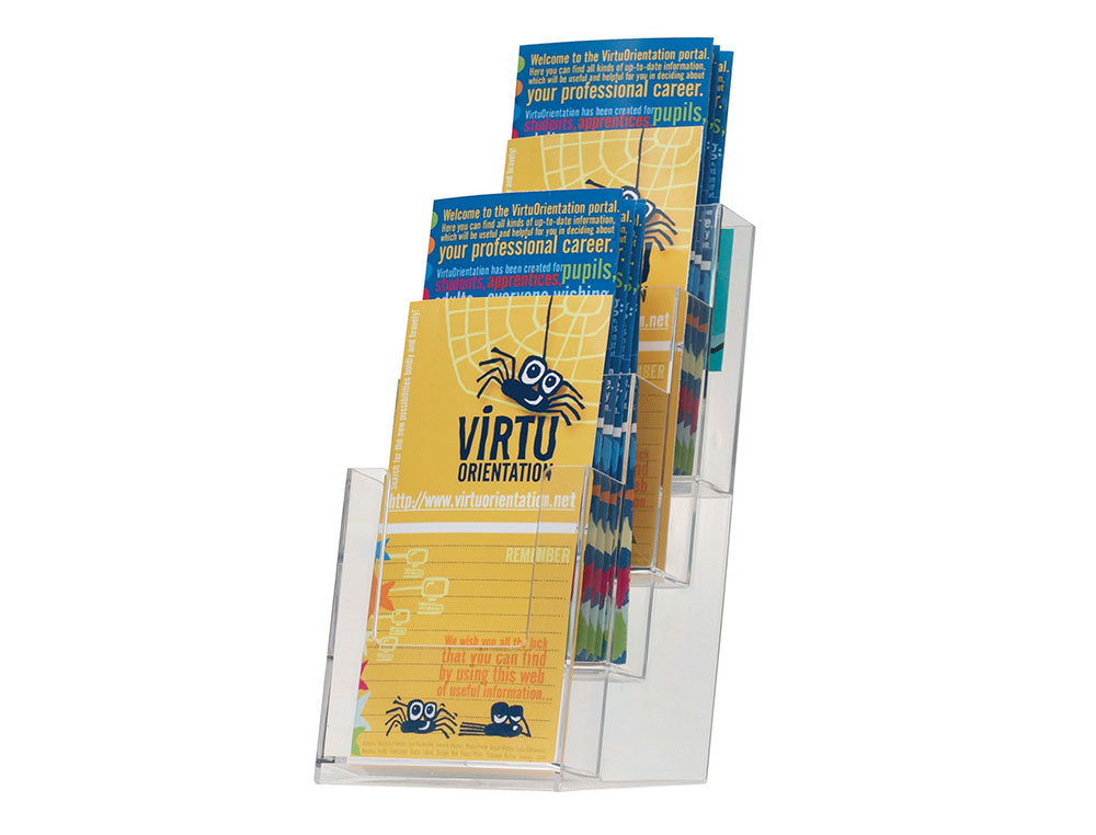 EXPOSITOR SOBREMESA Q-CONNECT METACRILATO 1/3 DIN A4 PARA TRIPTICOS 4 COMPARTIMENTOS 121X159X295 MM