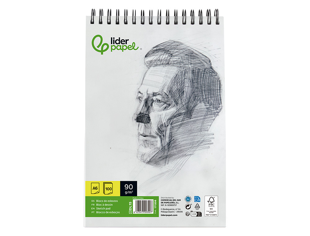 BLOC DIBUJO LIDERPAPEL ESBOZOS ESPIRAL DIN A6 105X148MM 100 HOJAS 90GR/M2 SIN RECUADRO