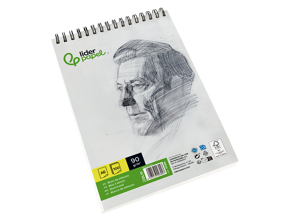 BLOC DIBUJO LIDERPAPEL ESBOZOS ESPIRAL DIN A6 105X148MM 100 HOJAS 90GR/M2 SIN RECUADRO