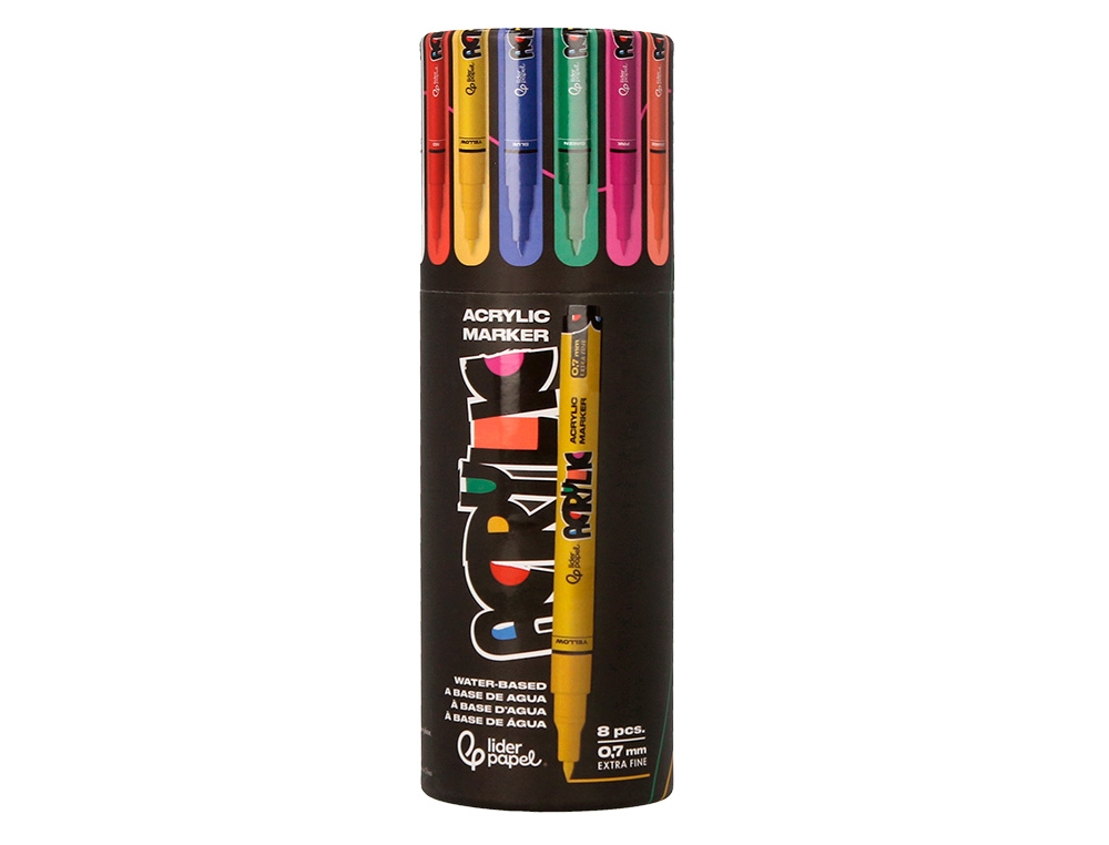 ROTULADOR LIDERPAPEL ACRYLIC BASE AGUA TODO TIPO DE SUPERFICIE PUNTA FINA 0,7 MM CAJA DE 8 UNIDADES COLORES SURTIDOS