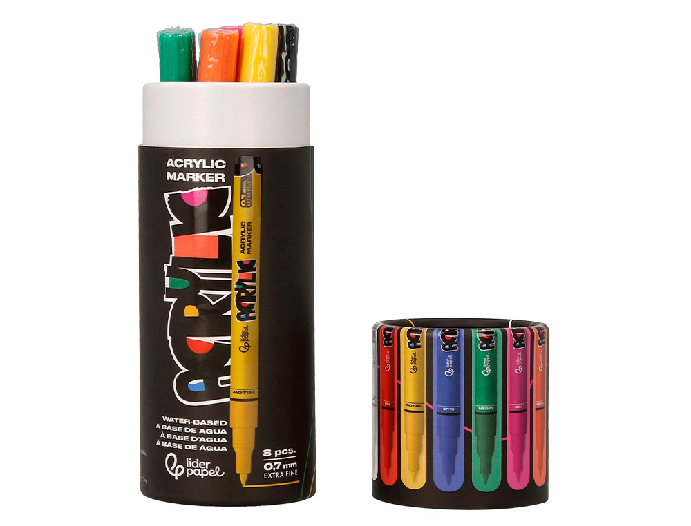 ROTULADOR LIDERPAPEL ACRYLIC BASE AGUA TODO TIPO DE SUPERFICIE PUNTA FINA 0,7 MM CAJA DE 8 UNIDADES COLORES SURTIDOS