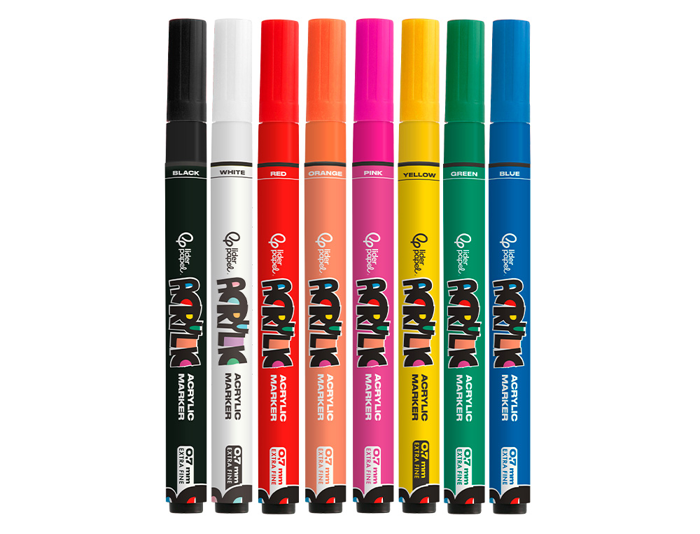 ROTULADOR LIDERPAPEL ACRYLIC BASE AGUA TODO TIPO DE SUPERFICIE PUNTA FINA 0,7 MM CAJA DE 8 UNIDADES COLORES SURTIDOS