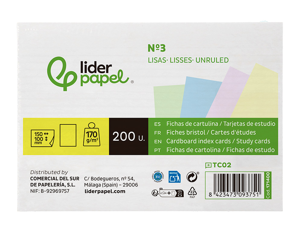 TARJETA LIDERPAPEL PARA ESTUDIAR LISA CARTULINA DE COLORES 170 GR/M2 100X150MM PAQUETE DE 200 UNIDADES