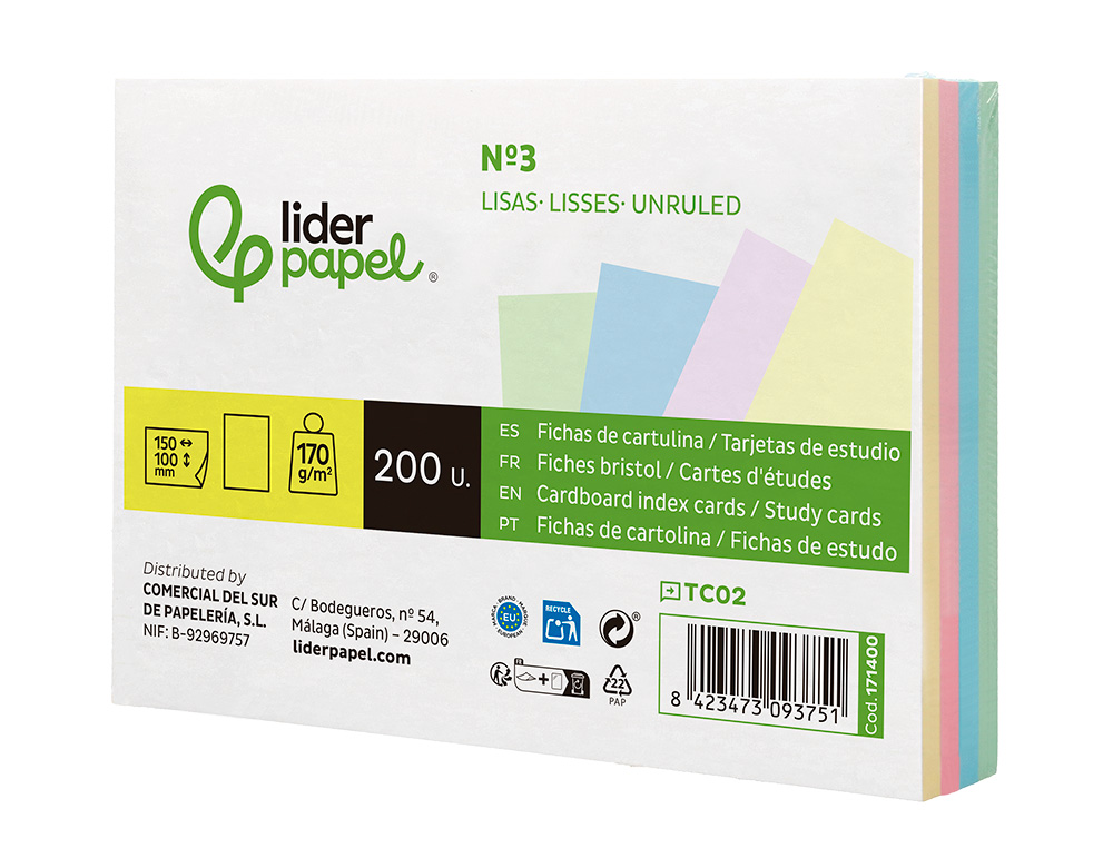 TARJETA LIDERPAPEL PARA ESTUDIAR LISA CARTULINA DE COLORES 170 GR/M2 100X150MM PAQUETE DE 200 UNIDADES