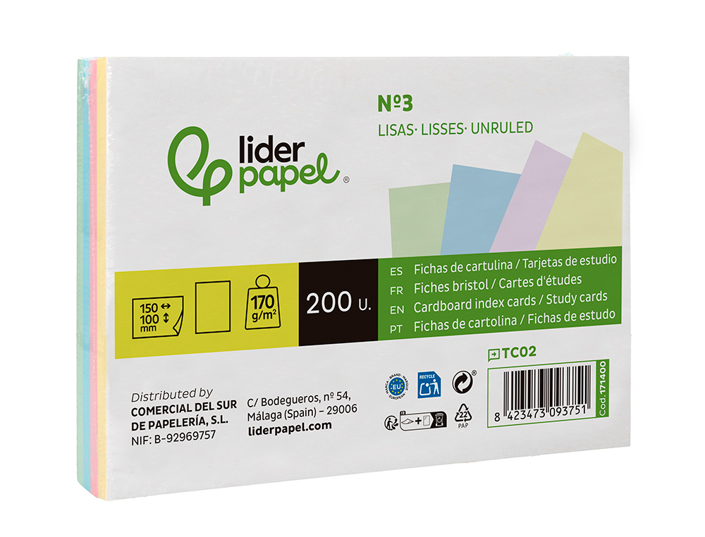 TARJETA LIDERPAPEL PARA ESTUDIAR LISA CARTULINA DE COLORES 170 GR/M2 100X150MM PAQUETE DE 200 UNIDADES