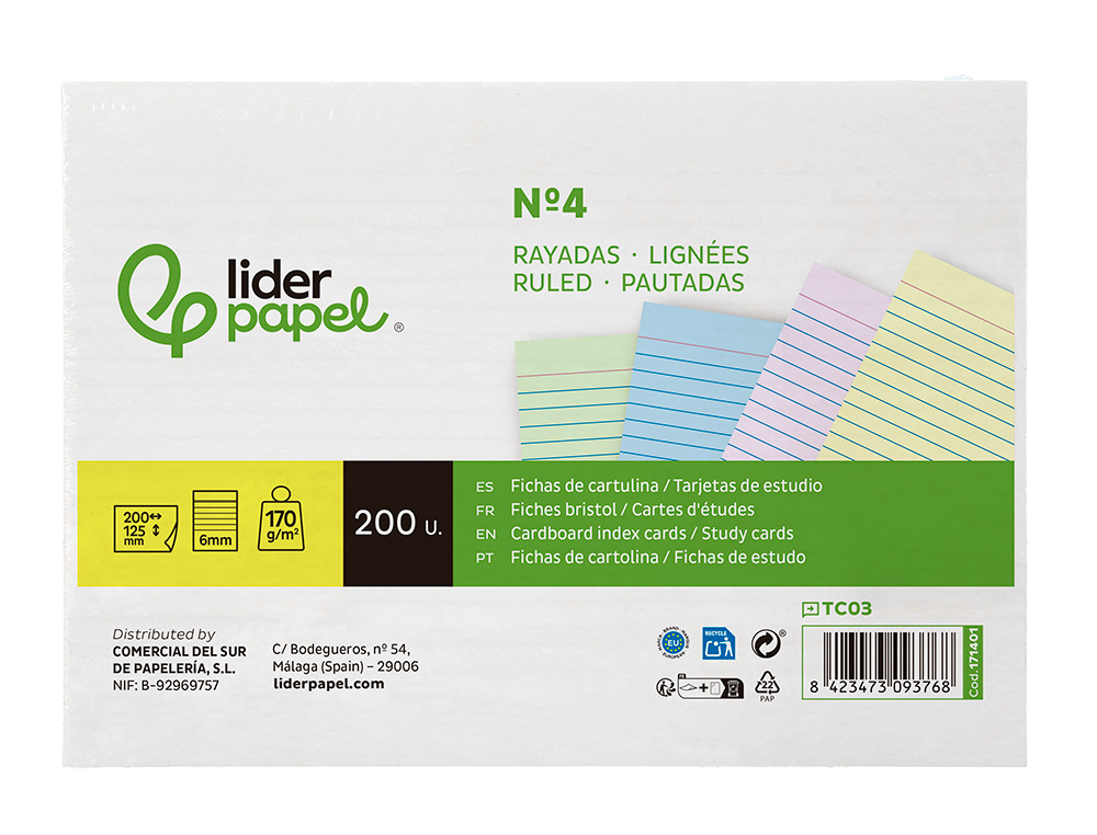 TARJETA LIDERPAPEL PARA ESTUDIAR RAYADA CARTULINA DE COLORES 170 GR/M2 125X200MM PAQUETE DE 200 UNIDADES