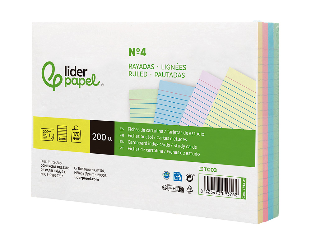 TARJETA LIDERPAPEL PARA ESTUDIAR RAYADA CARTULINA DE COLORES 170 GR/M2 125X200MM PAQUETE DE 200 UNIDADES
