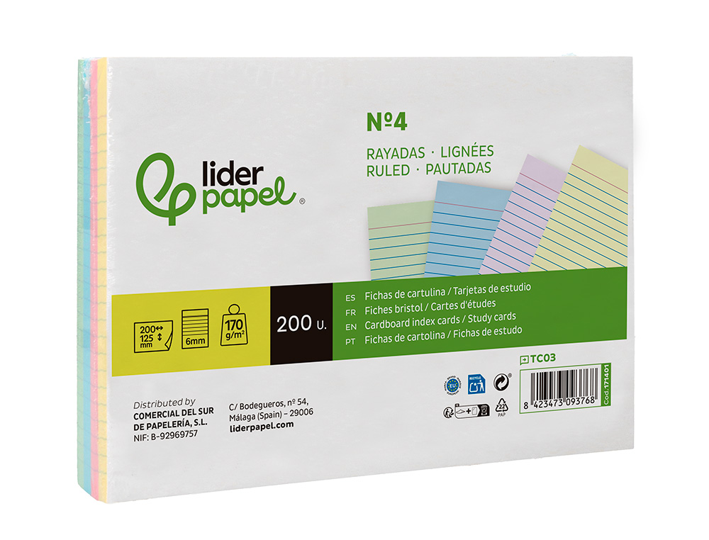 TARJETA LIDERPAPEL PARA ESTUDIAR RAYADA CARTULINA DE COLORES 170 GR/M2 125X200MM PAQUETE DE 200 UNIDADES