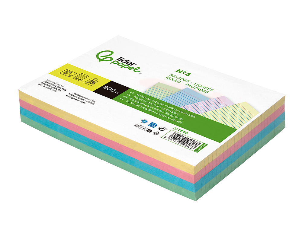 TARJETA LIDERPAPEL PARA ESTUDIAR RAYADA CARTULINA DE COLORES 170 GR/M2 125X200MM PAQUETE DE 200 UNIDADES