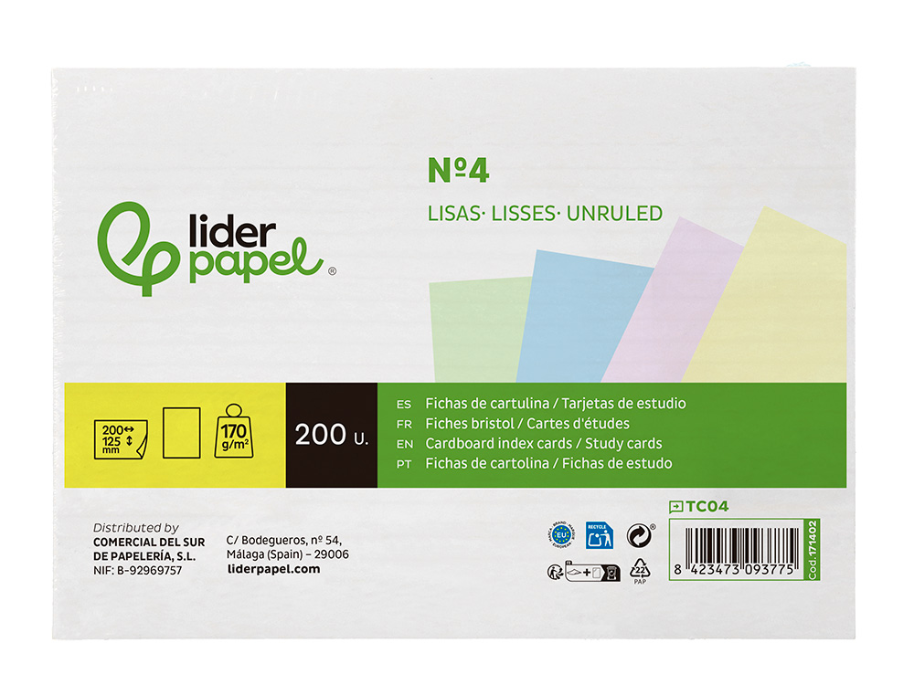 TARJETA LIDERPAPEL PARA ESTUDIAR LISA CARTULINA DE COLORES 170 GR/M2 125X200MM PAQUETE DE 200 UNIDADES