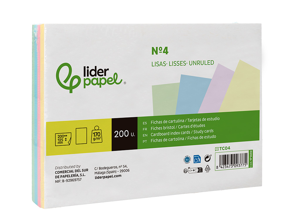 TARJETA LIDERPAPEL PARA ESTUDIAR LISA CARTULINA DE COLORES 170 GR/M2 125X200MM PAQUETE DE 200 UNIDADES