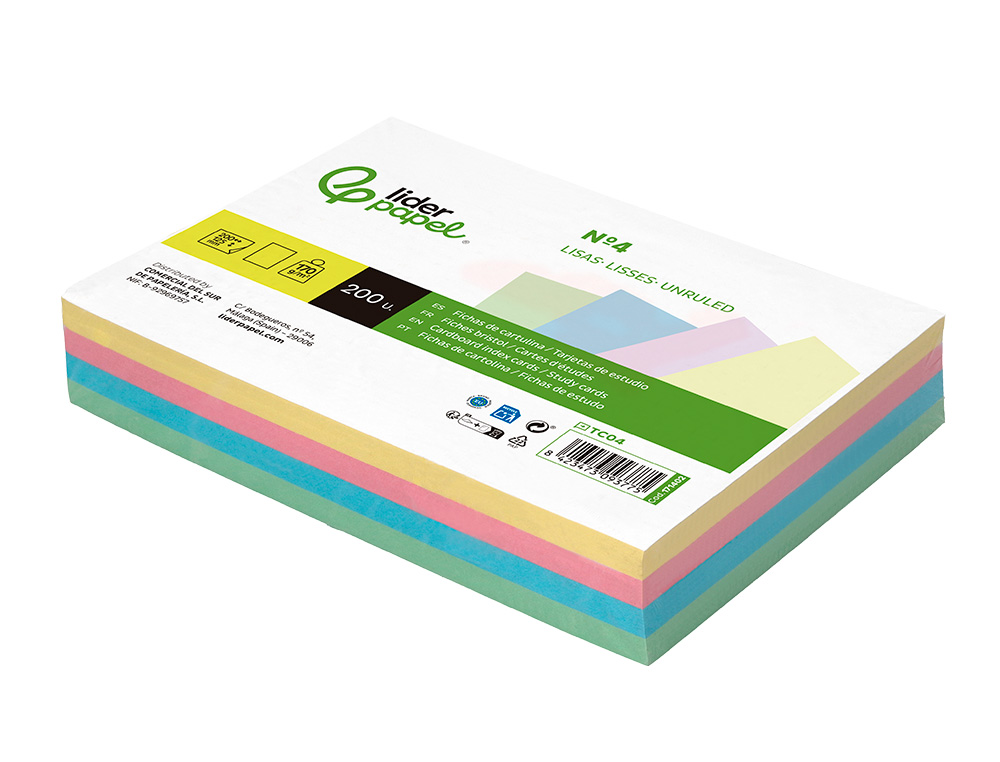 TARJETA LIDERPAPEL PARA ESTUDIAR LISA CARTULINA DE COLORES 170 GR/M2 125X200MM PAQUETE DE 200 UNIDADES