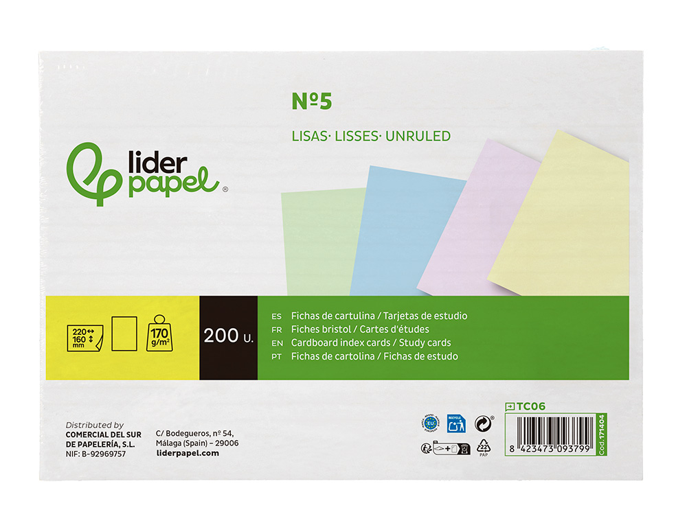 TARJETA LIDERPAPEL PARA ESTUDIAR LISA CARTULINA DE COLORES 170 GR/M2 160X220MM PAQUETE DE 200 UNIDADES