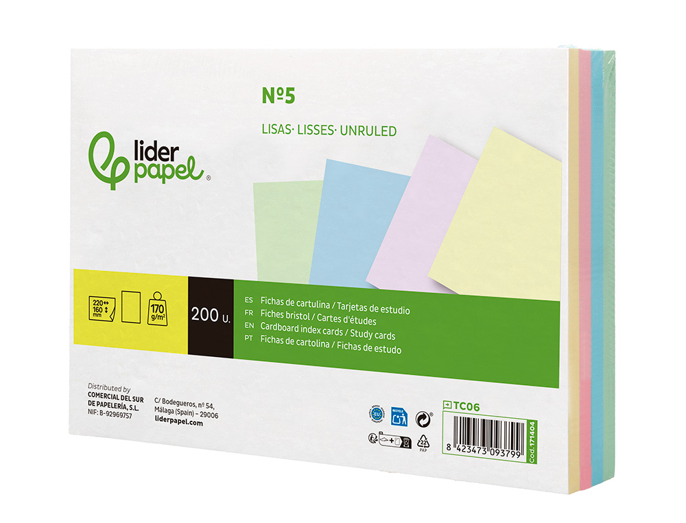 TARJETA LIDERPAPEL PARA ESTUDIAR LISA CARTULINA DE COLORES 170 GR/M2 160X220MM PAQUETE DE 200 UNIDADES