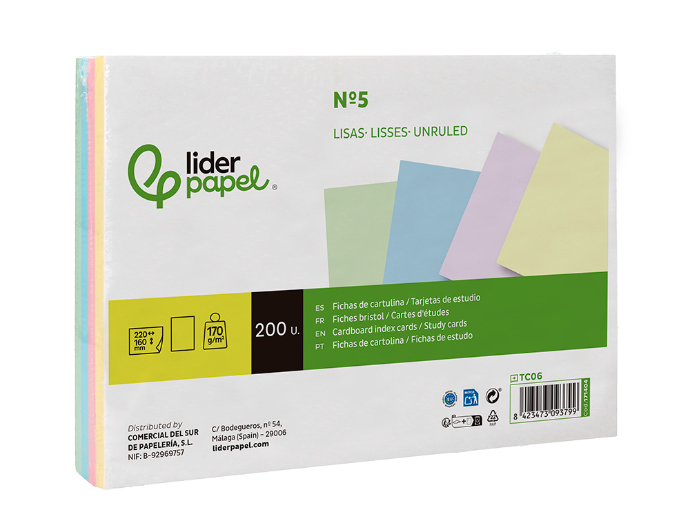 TARJETA LIDERPAPEL PARA ESTUDIAR LISA CARTULINA DE COLORES 170 GR/M2 160X220MM PAQUETE DE 200 UNIDADES