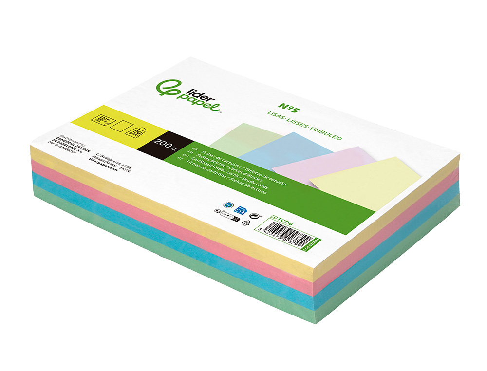 TARJETA LIDERPAPEL PARA ESTUDIAR LISA CARTULINA DE COLORES 170 GR/M2 160X220MM PAQUETE DE 200 UNIDADES