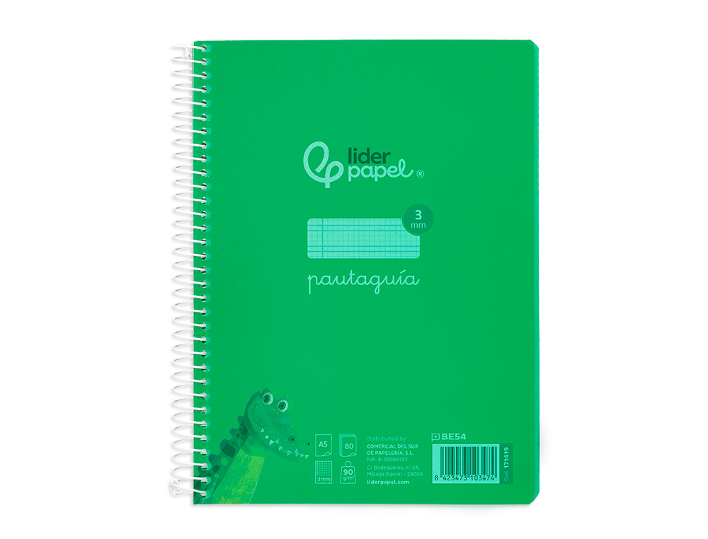 CUADERNO ESPIRAL LIDERPAPEL A5 PAUTAGUIA TAPA PLASTICO 80H 90GR CUADRO PAUTADO 3 MM CON MARGEN COLOR VERDE