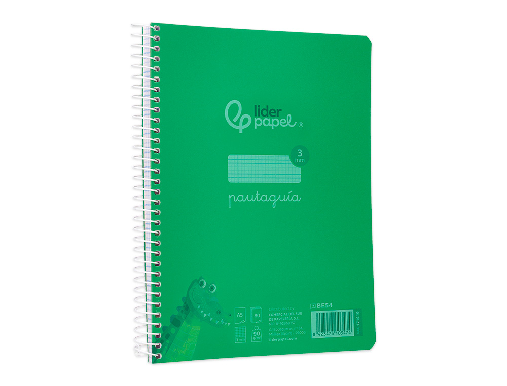 CUADERNO ESPIRAL LIDERPAPEL A5 PAUTAGUIA TAPA PLASTICO 80H 90GR CUADRO PAUTADO 3 MM CON MARGEN COLOR VERDE