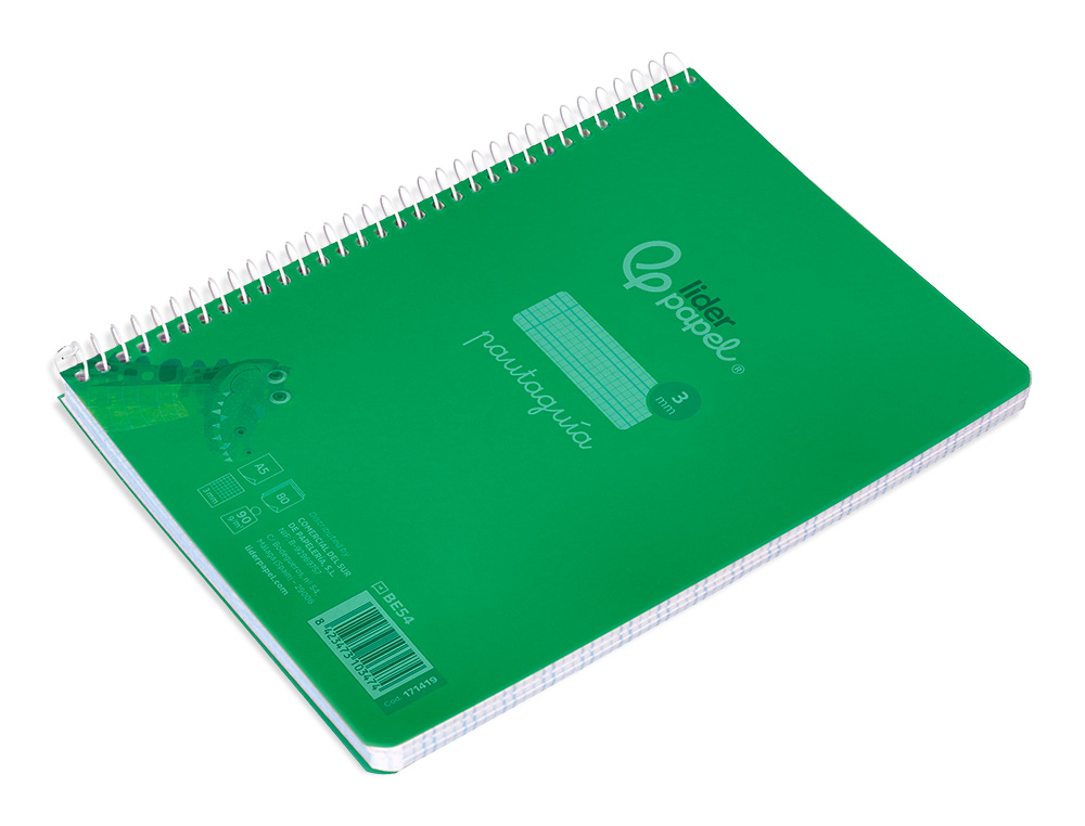 CUADERNO ESPIRAL LIDERPAPEL A5 PAUTAGUIA TAPA PLASTICO 80H 90GR CUADRO PAUTADO 3 MM CON MARGEN COLOR VERDE