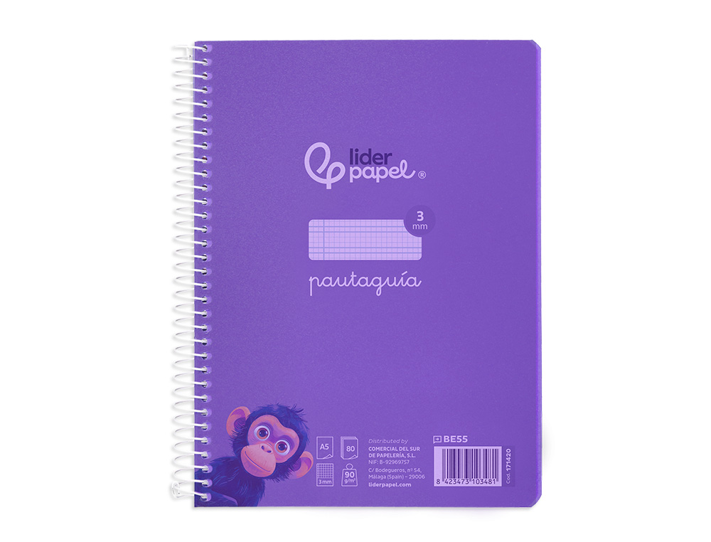 CUADERNO ESPIRAL LIDERPAPEL A5 PAUTAGUIA TAPA PLASTICO 80H 90GR CUADRO PAUTADO 3 MM CON MARGEN COLOR LILA