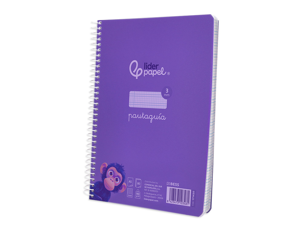 CUADERNO ESPIRAL LIDERPAPEL A5 PAUTAGUIA TAPA PLASTICO 80H 90GR CUADRO PAUTADO 3 MM CON MARGEN COLOR LILA