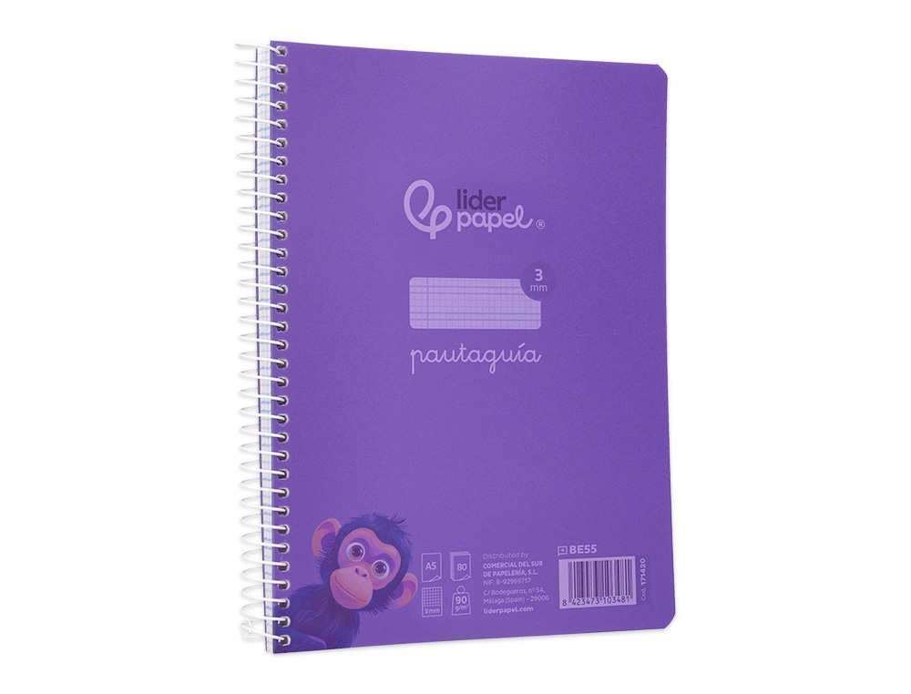 CUADERNO ESPIRAL LIDERPAPEL A5 PAUTAGUIA TAPA PLASTICO 80H 90GR CUADRO PAUTADO 3 MM CON MARGEN COLOR LILA