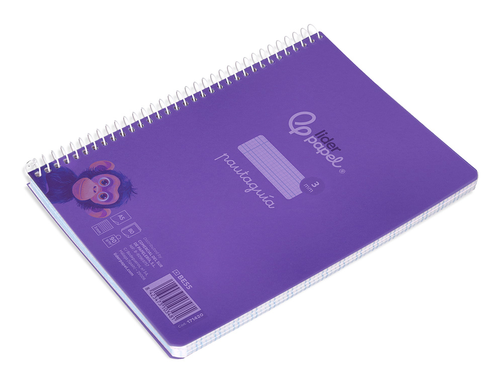 CUADERNO ESPIRAL LIDERPAPEL A5 PAUTAGUIA TAPA PLASTICO 80H 90GR CUADRO PAUTADO 3 MM CON MARGEN COLOR LILA