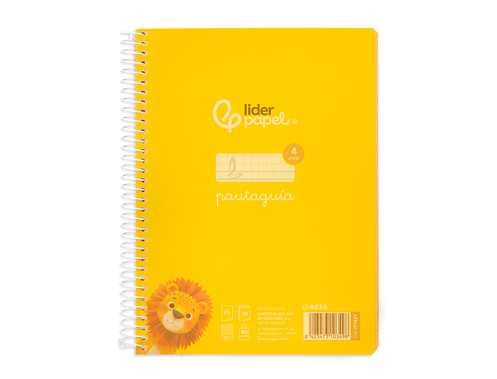 CUADERNO ESPIRAL LIDERPAPEL A5 PAUTAGUIA TAPA PLASTICO 80H 90GR CUADRO PAUTADO 4MM CON MARGEN COLOR AMARILLO