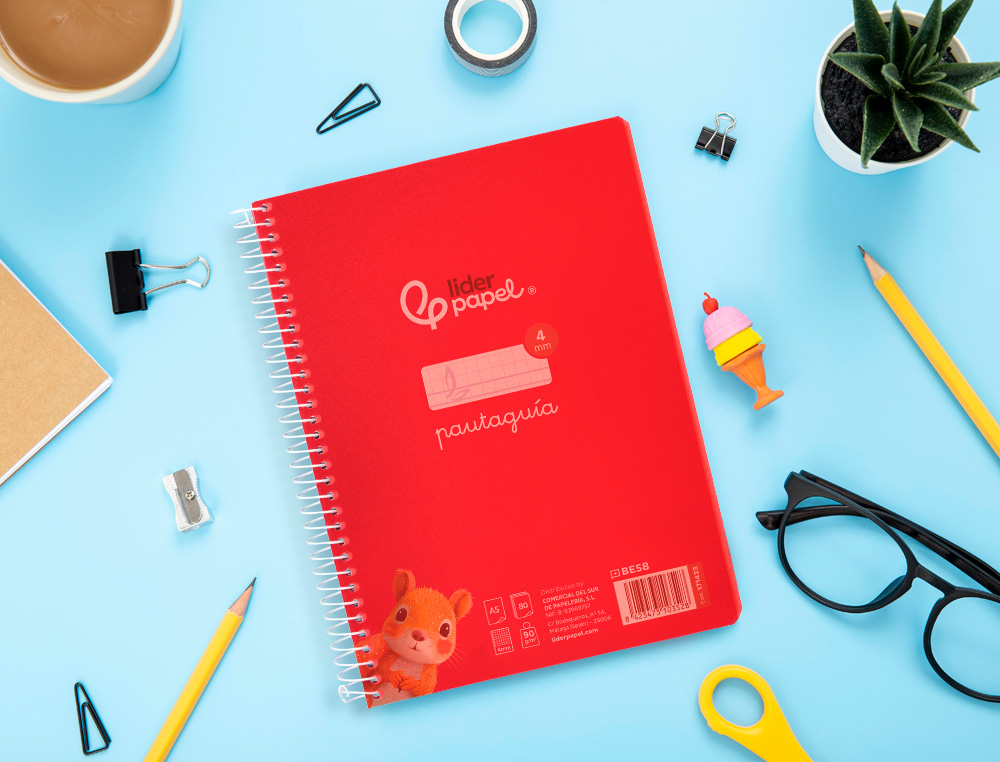 CUADERNO ESPIRAL LIDERPAPEL A5 PAUTAGUIA TAPA PLASTICO 80H 90GR CUADRO PAUTADO 4MM CON MARGEN COLOR ROJO