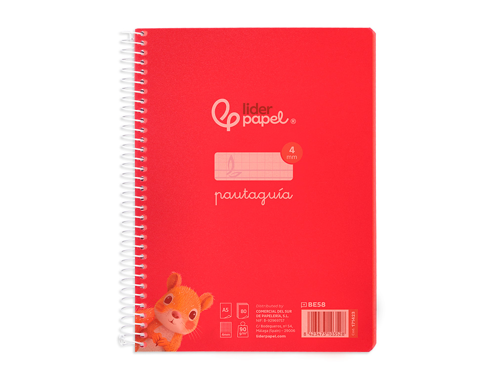 CUADERNO ESPIRAL LIDERPAPEL A5 PAUTAGUIA TAPA PLASTICO 80H 90GR CUADRO PAUTADO 4MM CON MARGEN COLOR ROJO