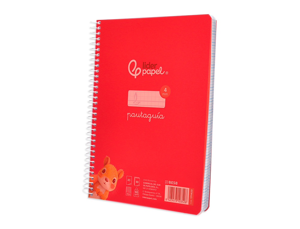 CUADERNO ESPIRAL LIDERPAPEL A5 PAUTAGUIA TAPA PLASTICO 80H 90GR CUADRO PAUTADO 4MM CON MARGEN COLOR ROJO