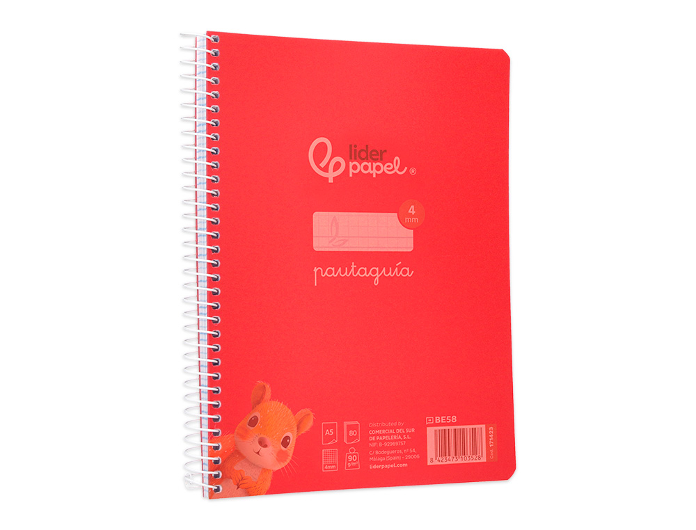 CUADERNO ESPIRAL LIDERPAPEL A5 PAUTAGUIA TAPA PLASTICO 80H 90GR CUADRO PAUTADO 4MM CON MARGEN COLOR ROJO
