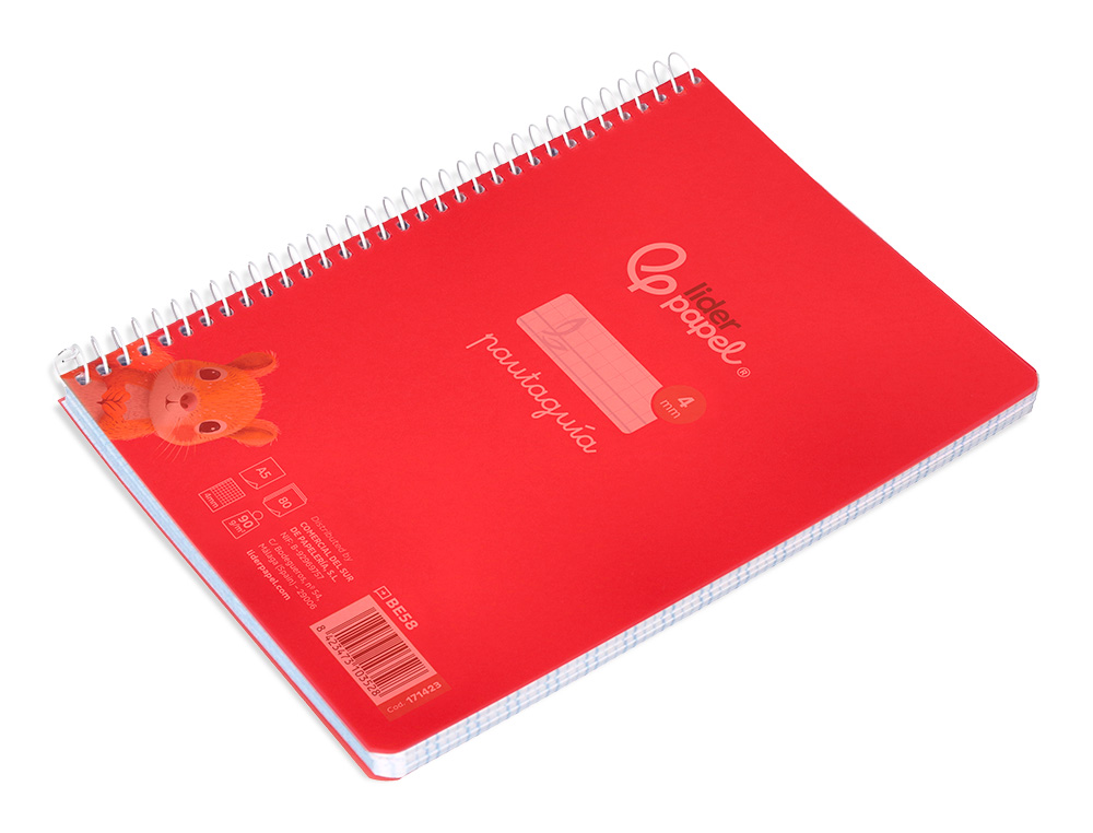 CUADERNO ESPIRAL LIDERPAPEL A5 PAUTAGUIA TAPA PLASTICO 80H 90GR CUADRO PAUTADO 4MM CON MARGEN COLOR ROJO